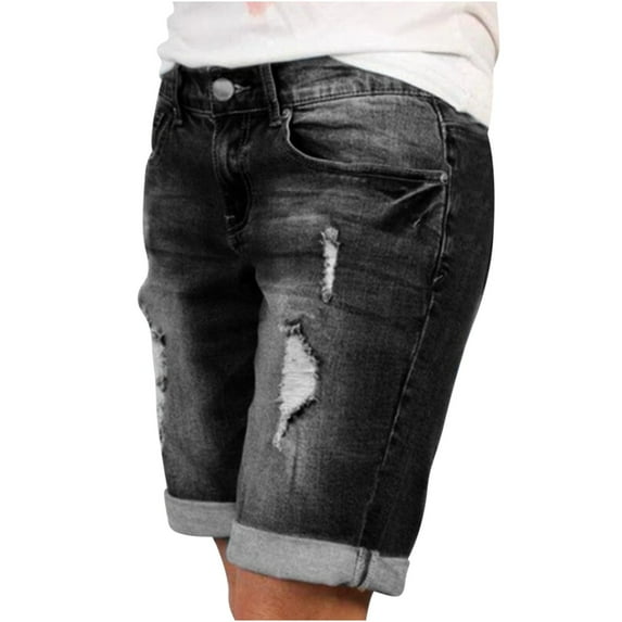 ABATAB Women’s Casual Jeans Shorts Summer Stretch Denim Shorts Bermuda Folded Hem Distressed Frayed Fashion Jean Shorts