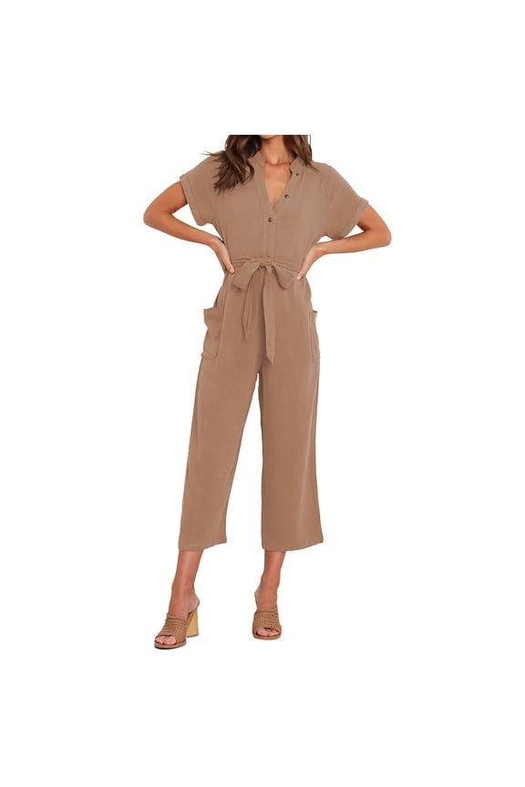 Women's Casual Jumpsuit Short Sleeve V Neck Trendy Romper Belted Wide Leg Baggy Capris Work Office Jumpsuits with Pockets