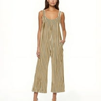 ABATAB Women's Casual Jumpsuits Striped One Piece Sleeveless Overalls Wide Leg Loose Long Pants Rompers with Pockets