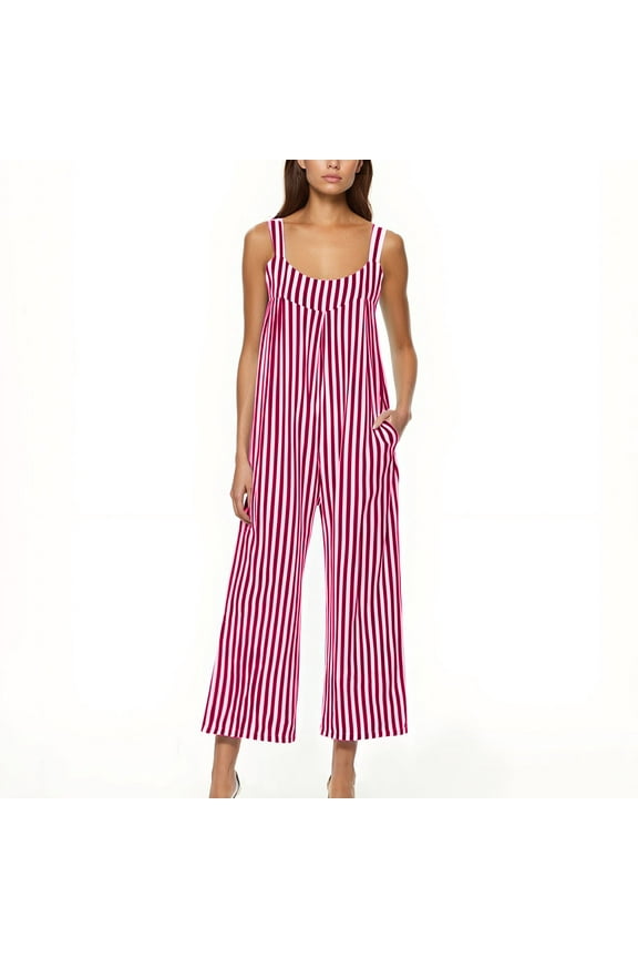 Women's Casual Jumpsuits Striped One Piece Sleeveless Overalls Wide Leg Loose Long Pants Rompers with Pockets