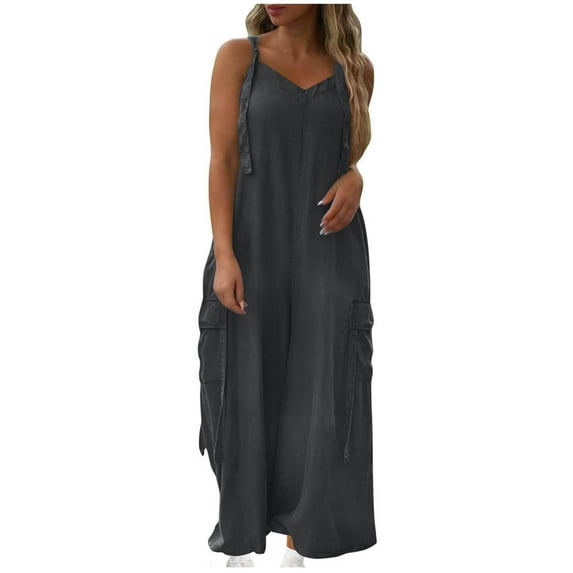 ABATAB Women's Casual Loose Overalls Jumpsuits One Piece Sleeveless Rompers Wide Leg Long Pant Rompers with Pockets