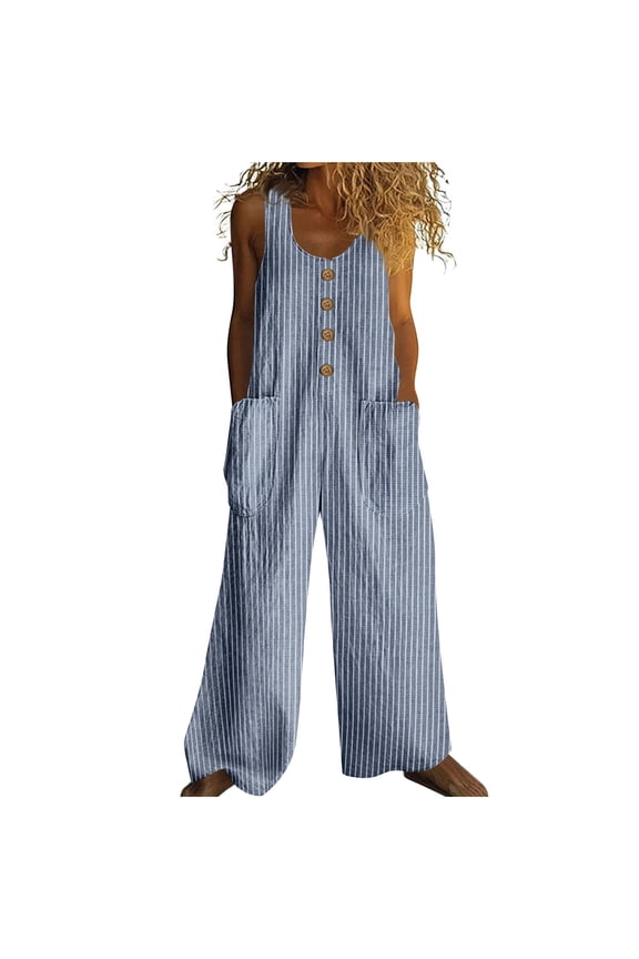 Women's Casual Overalls One Piece Sleeveless Jumpsuits Cotton Linen Wide Leg Button Baggy Long Pant Rompers with Pockets
