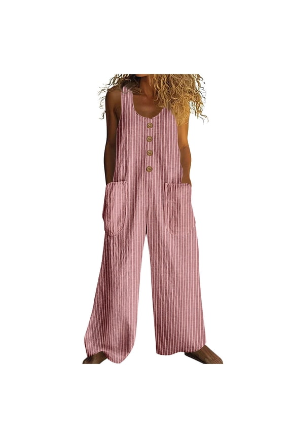 Women's Casual Overalls One Piece Sleeveless Jumpsuits Cotton Linen Wide Leg Button Baggy Long Pant Rompers with Pockets