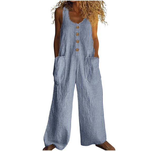 ABATAB Women's Casual Overalls One Piece Sleeveless Jumpsuits Cotton Linen Wide Leg Button Baggy Long Pant Rompers with Pockets