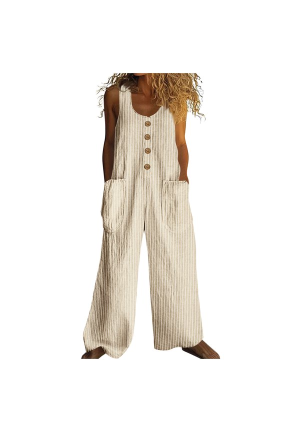 Women's Casual Overalls One Piece Sleeveless Jumpsuits Cotton Linen Wide Leg Button Baggy Long Pant Rompers with Pockets