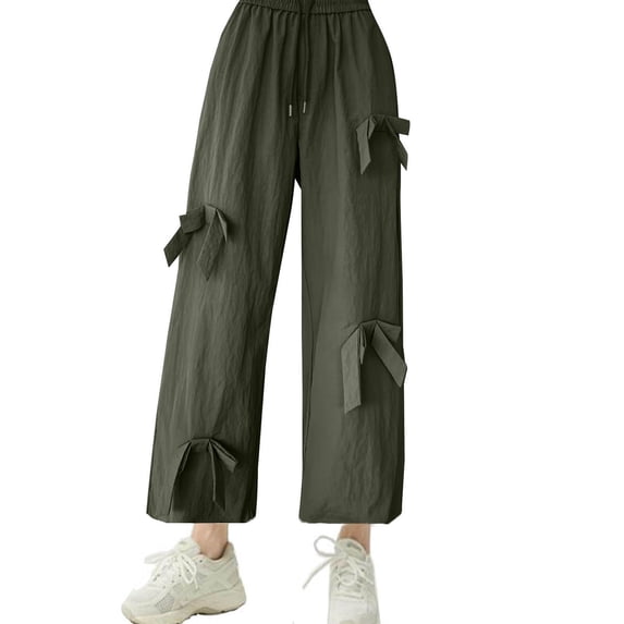 ABATAB Women's Casual Pants Baggy Wide Leg Elastic Waist Trousers Bow Tie Lightweight Summer Trendy Lounge Pants with Pockets