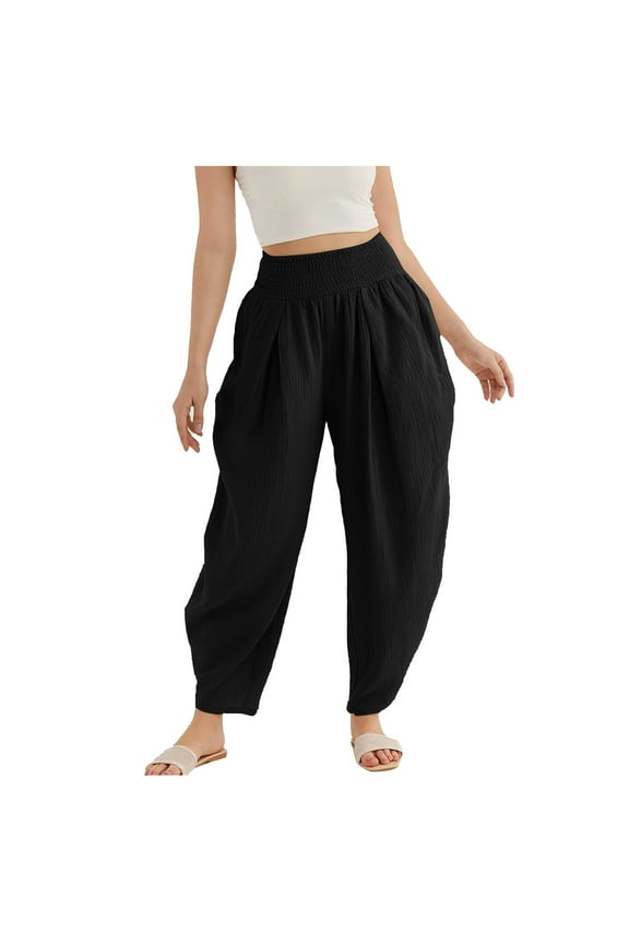 Women's Casual Pants Solid High Waisted Summer Trousers Baggy Loose Casual Angle Length Pants with Pockets