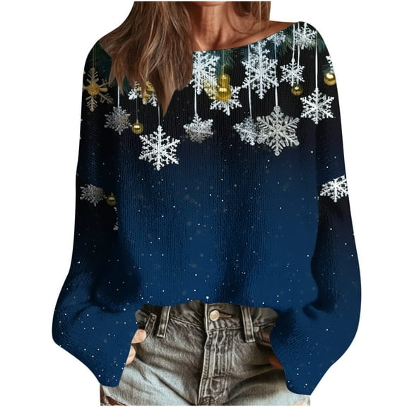 ABATAB Women's Christmas Ribbed Knit Sweater Long Sleeve Crew Neck Christmas Fashion Print Pullover Tops Outfits