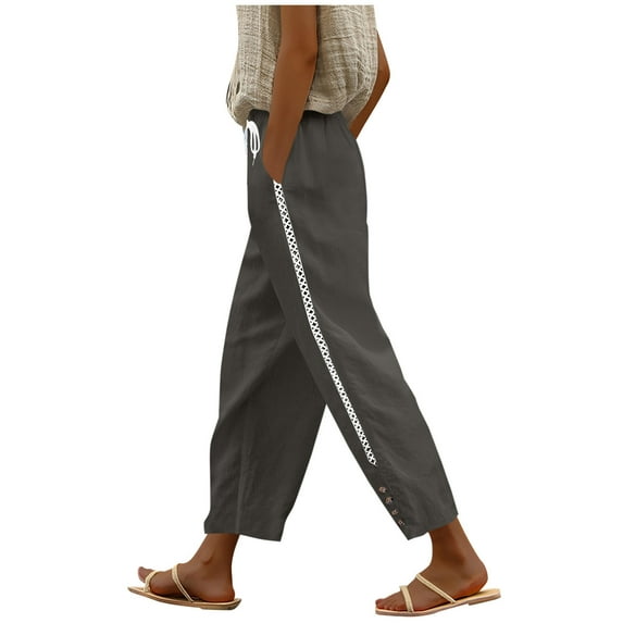 ABATAB Women's Cotton Linen Pants Lightweight Elastic Waist Lace Trim Pants Summer Lounge Beachwear Fashion Clothes