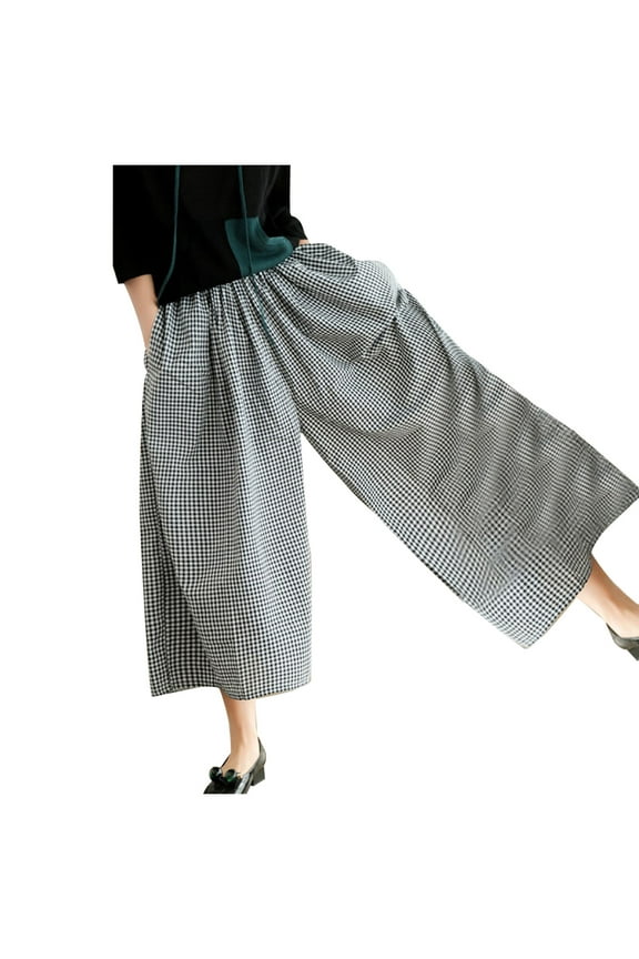 Women's Culottes Cotton Linen Wide Leg Capri Pants Summer Baggy Elastic Waist Plaid Trendy Palazzo Capris