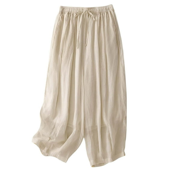 ABATAB Women's Culottes Wide Leg Baggy Fashion Cropped Pants Elastic Waist Casual Palazzo Capri Trousers with Pockets