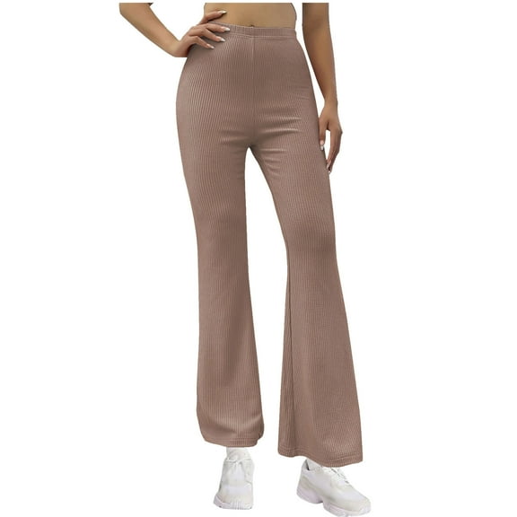 ABATAB Women's Flared Legging Ribbed Casual Yoga Stretchy Full Length Pants Elastic Waist Gym Trendy Bell Bottom Outfits