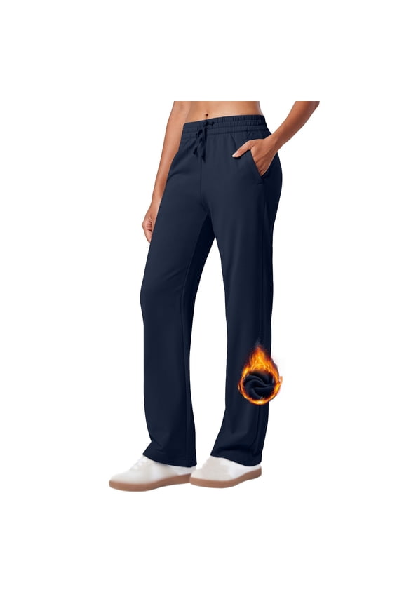 Women's Fleece Lined Pants with Pockets Drawstring Workout Trousers Cold Weather Full Length Running Yoga Pants with Pockets