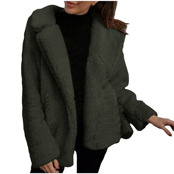 ABATAB Women's Fuzzy Fleece Jackets Comfy Sherpa Lined Notch Collar Cardigans Warm Long Sleeve Plush Fashion Winter Overcoat Outfits(Small,Army Green)
