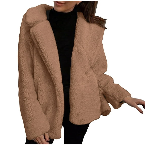ABATAB Women's Fuzzy Fleece Jackets Comfy Sherpa Lined Notch Collar Cardigans Warm Long Sleeve Plush Fashion Winter Overcoat Outfits(X-Large,Khaki)