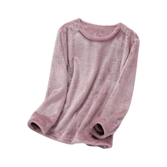 ABATAB Women's Fuzzy Shirts Long Sleeve Crewneck Pullovers Tops Loose Fleece Soft Warm Fall Loungewear Outfits