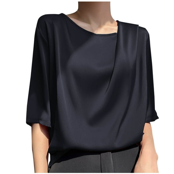 ABATAB Women's Half Sleeve Blouses Satin Silk Crewneck Shirts Casual Loose Elegant Work Trendy Tunic Tops