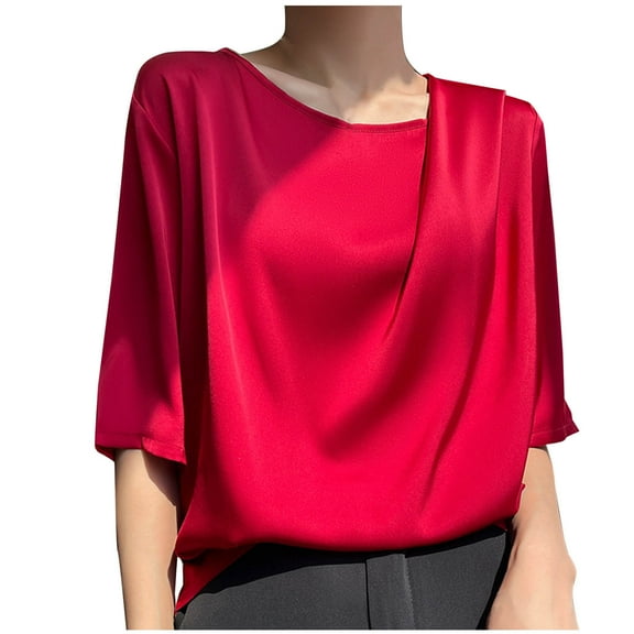 ABATAB Women's Half Sleeve Blouses Satin Silk Crewneck Shirts Casual Loose Elegant Work Trendy Tunic Tops