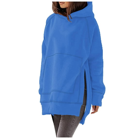 ABATAB Women's Hoodies Solid Color Oversized Hooded Sweatshirts Trendy Fleece Side Split Long Sleeve Tunic Pullover with Pockets(Large,Blue 1)