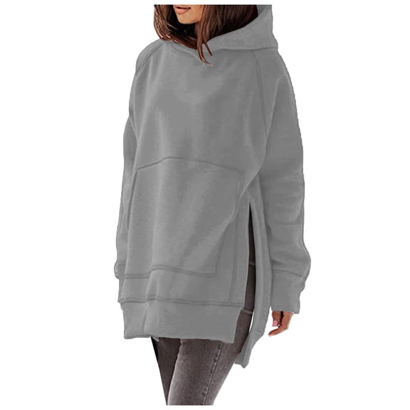 ABATAB Women's Hoodies Solid Color Oversized Hooded Sweatshirts Trendy Fleece Side Split Long Sleeve Tunic Pullover with Pockets(Medium,Gray 1)