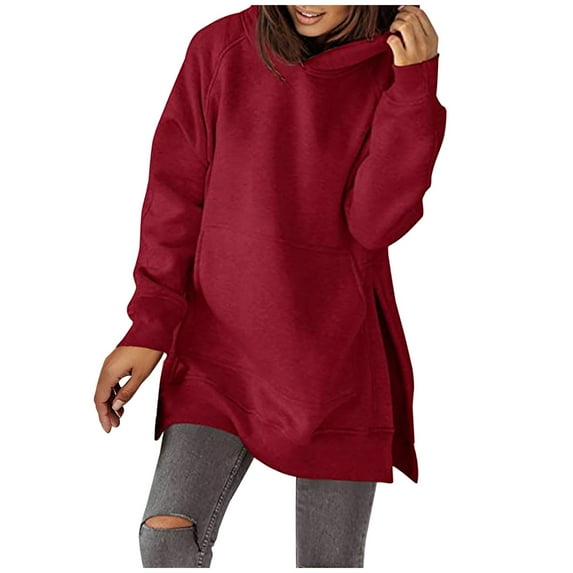 ABATAB Women's Hoodies Solid Color Oversized Hooded Sweatshirts Trendy Fleece Side Split Long Sleeve Tunic Pullover with Pockets(Small,Wine)