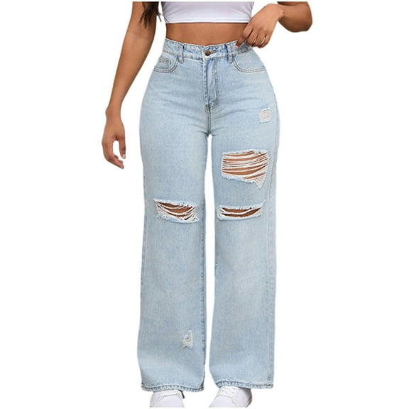ABATAB Women's Jeans Boyfriend Stretchy Ripped Distressed Denim Pants Wide Leg Baggy Trendy Streetwear Jean Trousers