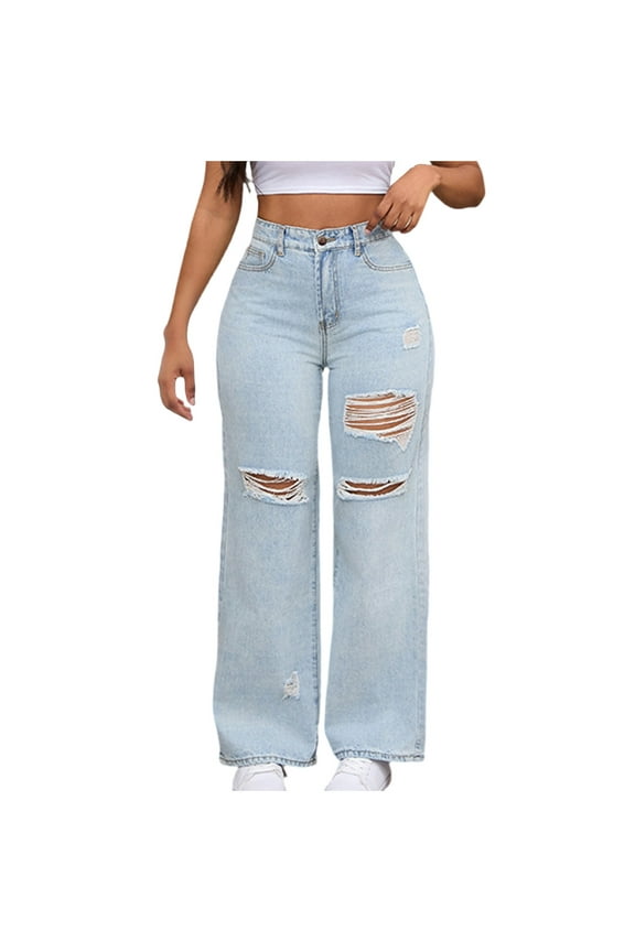 Women's Jeans Boyfriend Stretchy Ripped Distressed Denim Pants Wide Leg Baggy Trendy Streetwear Jean Trousers
