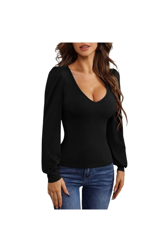 Women's Knitted Shirts Soft Long Lantern Sleeve Blouses Shirts Lightweight Low Crew Neck Tunic Tops Casual Slim Fit Clothing(Medium,Black)