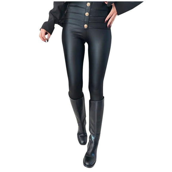 ABATAB Women's Leather Leggings Ultra Soft Comfy High Waisted Trousers 3 Buttons-Up Leather Slim Fit Pleather Trendy Tight Pants