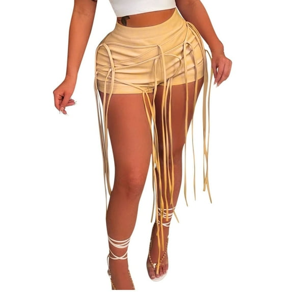 ABATAB Women's Leather Shorts High Waist Party Club Shorts Lace up Tassel Criss Cross Trendy Legging Shorts