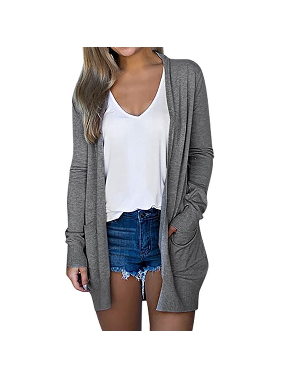 Women's Long Sleeve Cardigans Lightweight Fall Casual Shawl Dusters with Pockets Fashion Open Front Long Outerwear Jackets(Medium,Gray)