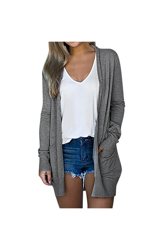 Women's Long Sleeve Cardigans Lightweight Fall Casual Shawl Dusters with Pockets Fashion Open Front Long Outerwear Jackets(Medium,Gray)