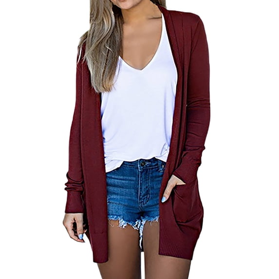 ABATAB Women's Long Sleeve Cardigans Lightweight Fall Casual Shawl Dusters with Pockets Fashion Open Front Long Outerwear Jackets(Small,Wine)