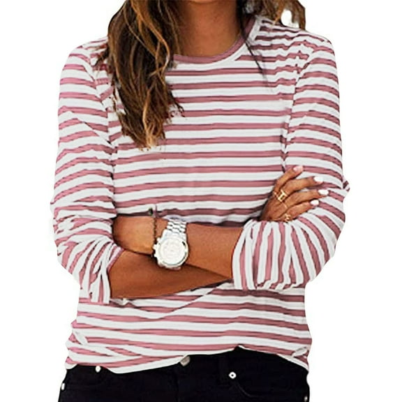 ABATAB Women's Long Sleeve Fall Shirts Casual Striped Crew Neck Loose Fit Color Block Tunic Tops Fall Lightweight Tshirts(X-Large,Pink)