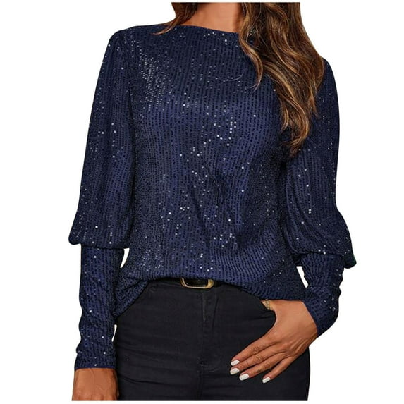 ABATAB Women's Long Sleeve Shiny Tops Sparkly Slim Fit Crew Neck Going out Blouses Casual Club Party Shirts Fashion Clubwear(XX-Large,Blue)