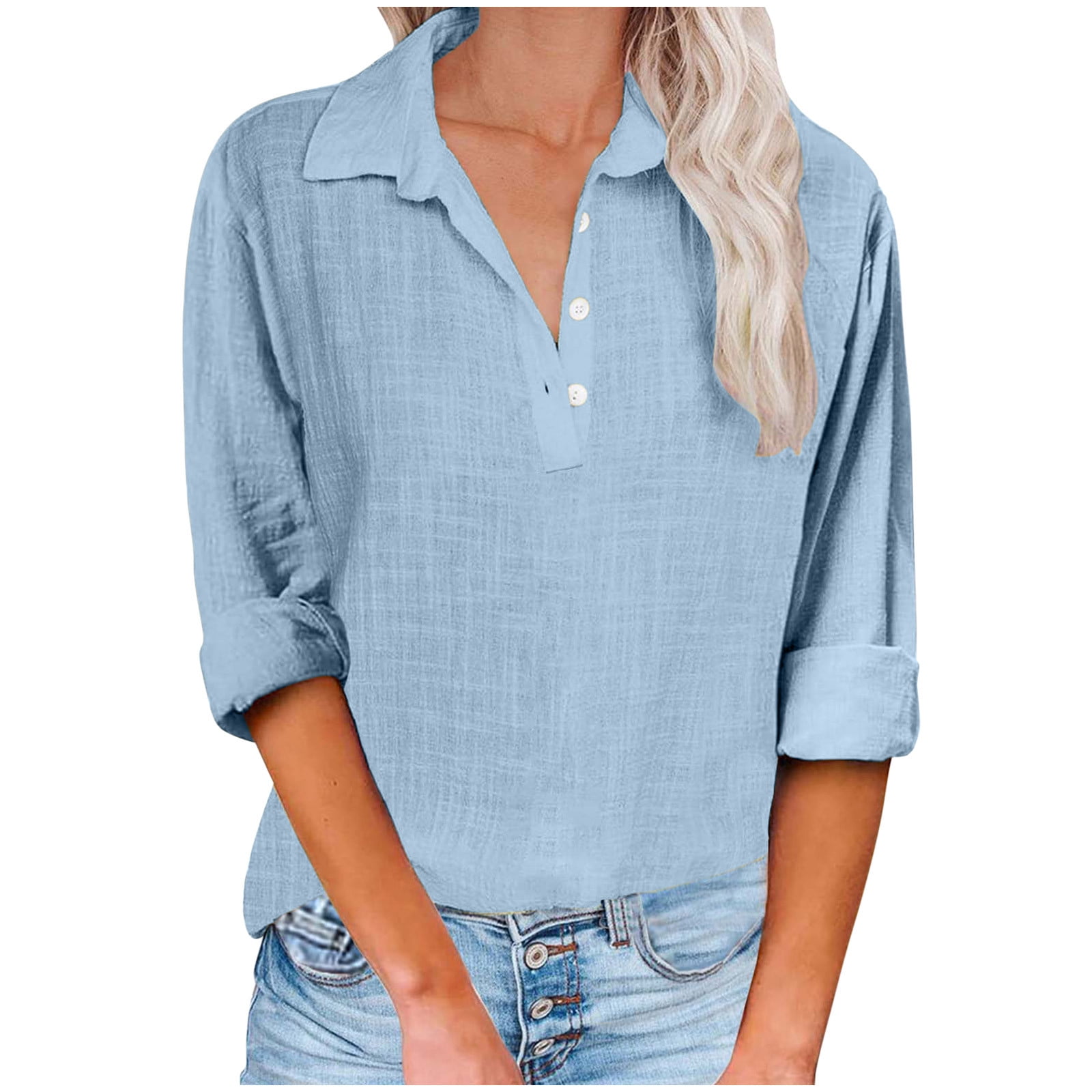 Women's Long Sleeve Shirts Trendy Solid Casual Loose Tunic Tops Button up Collared V Neck Blouse Tops