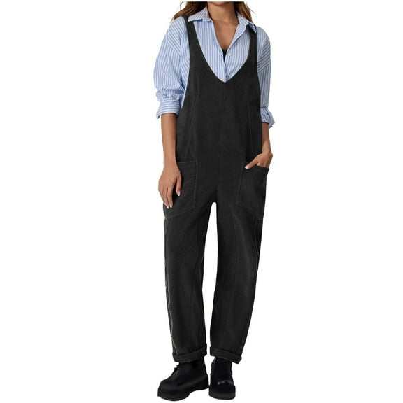 ABATAB Women's Overalls Casual Loose Sleeveless Jumpsuits V-Neck Long Pants Romper with Pockets Summer Trendy Outfits