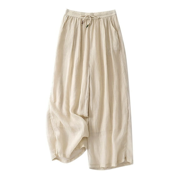 ABATAB Women's Palazzo Capri Pants Dressy Casual Wide Leg Slacks Elastic Waist Drawstring Baggy Cropped Trousers with Pockets