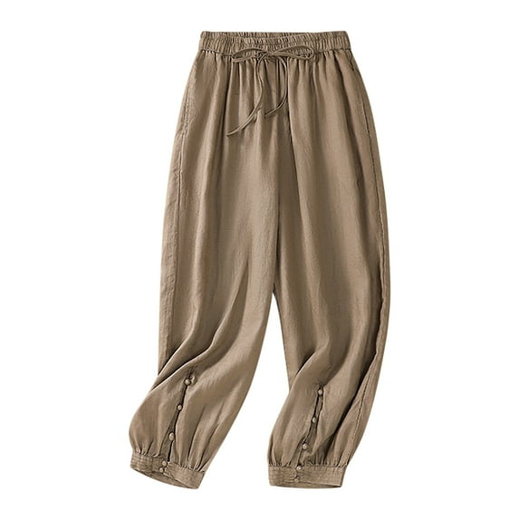 ABATAB Women's Pants Cotton Linen Summer Trousers Elastic Waist Straight Leg Comfy Pants Fashion Casual Clothes Outfits