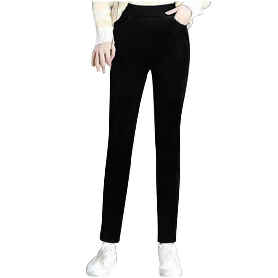ABATAB Women's Pants Straight Leg Fleece Lined Lounge Pants High Waisted Warm Winter Corduroy Fashion Legging with Pockets