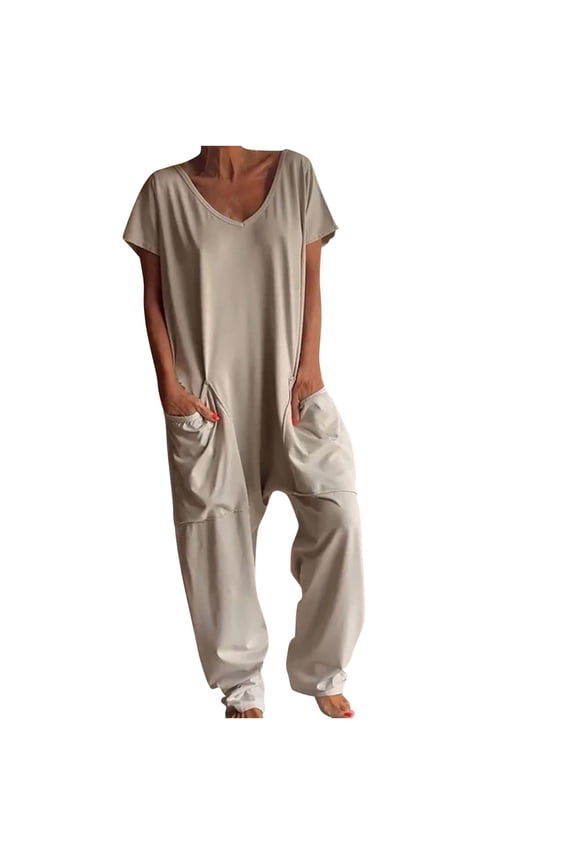 Women's Plus Size Jumpsuit Summer Casual Short Sleeve Overalls V Neck Loose Fit Long Pants Rompers with Deep Pockets
