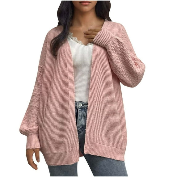 ABATAB Women's Plus Size Open Front Solid Color Knit Sweater Oversized Lantern Sleeve Cardigan Outwear