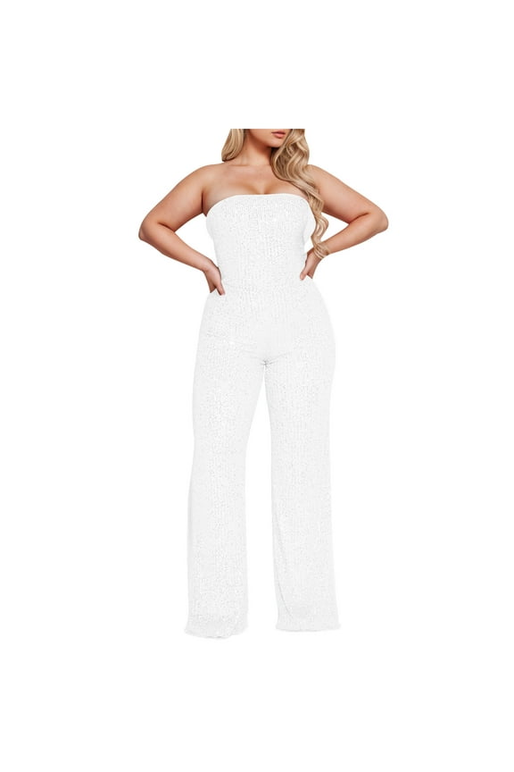 Women's Plus Size Rompers Casual Sleeveless Shiny Sequin Jumpsuit off Shoulder Party Clubwear Fashionable Long Pants Rompers