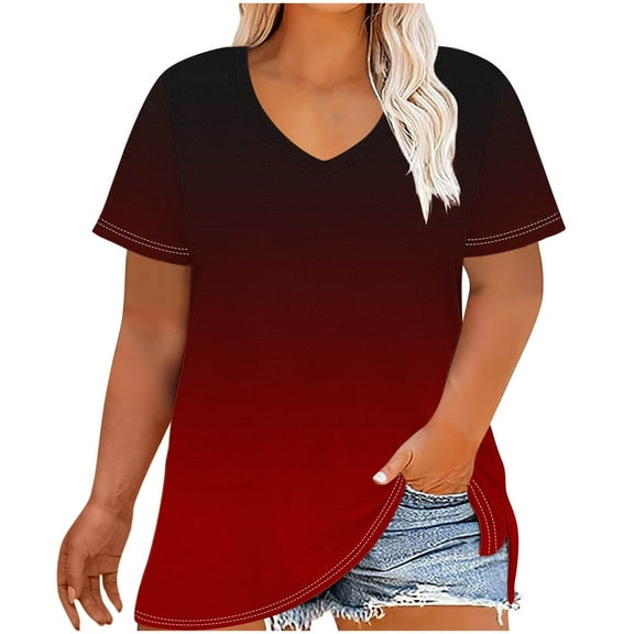 ABATAB Women's Plus Size T Shirt V Neck Short Sleeve Tunic Tee Gradient Summer Trendy Loose Fit Tee Tops