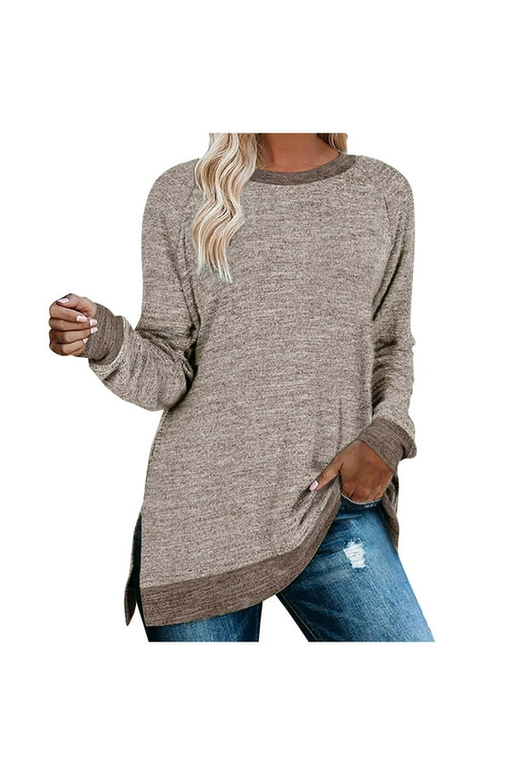 Women's Pullover Tops Fall Fashion Color Block Pullover Shirts Long Sleeve Round Neck Tunic Tops