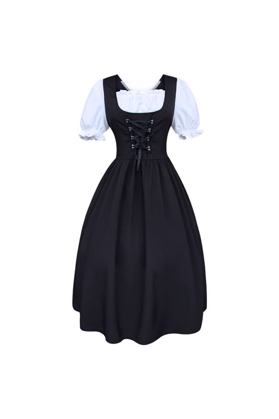 Women's Renaissance Dress Puff Short Sleeve Vintage Dresses Medieval Dress with Bow Knot
