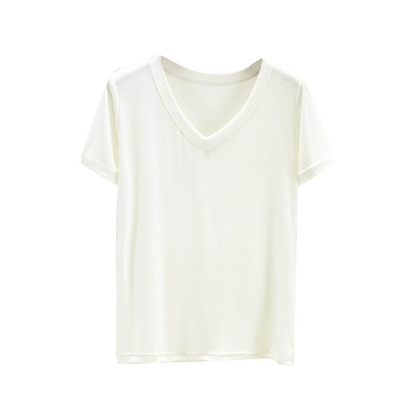 ABATAB Women's Ribbed T-Shirts Cotton Short Sleeve Solid Basic Tees V-Neck Summer Casual Loose Fit Shirts Trendy
