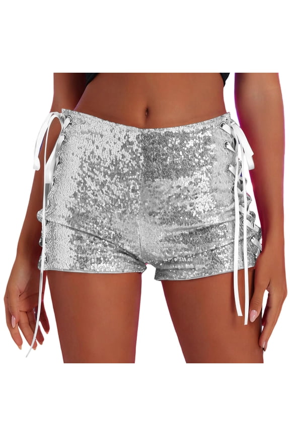Women's Sequin Sparkle Shorts Trendy Casual Lace up Mid Waist Shorts Glitter Party Concert Shorts Summer Hot Pants