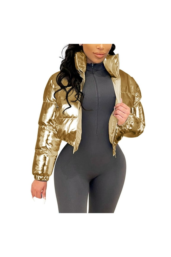 Women's Shiny Cropped Puffer Padded Jackets Baggy Long Sleeve Zip up Trendy Quilted Coats Winter Fashion Clothes(Large,Gold)