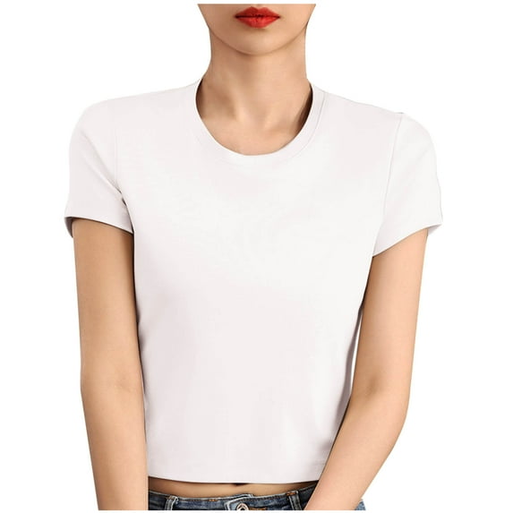 ABATAB Women's Short Sleeve Crop Tops Summer Casual Crew Neck T-Shirts Plain Tee Lightweight Soft Summer Tops Clothes
